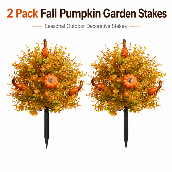 2 Pack Fall Pumpkin Garden Stake, Autumn Outdoor Yard Decor with Artificial Leaves and Gourd Accents, Thanksgiving Front Porch Planter Decoration for Lawn Flower Bed