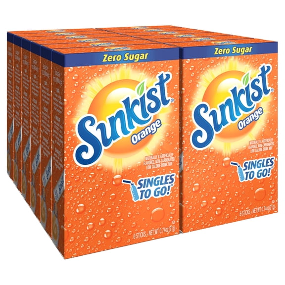 Sunkist Soda Orange Singles To Go Drink Mix, 12 Boxes With 6 Packets Each - 72 Total Servings