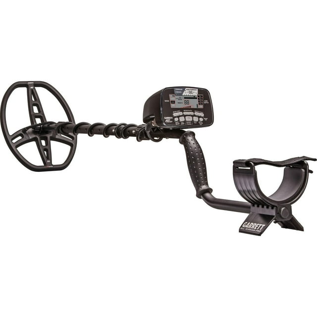 Handheld Garrett AT PRO waterproof metal detector in black with digital control panel, adjustable armrest, and coil.