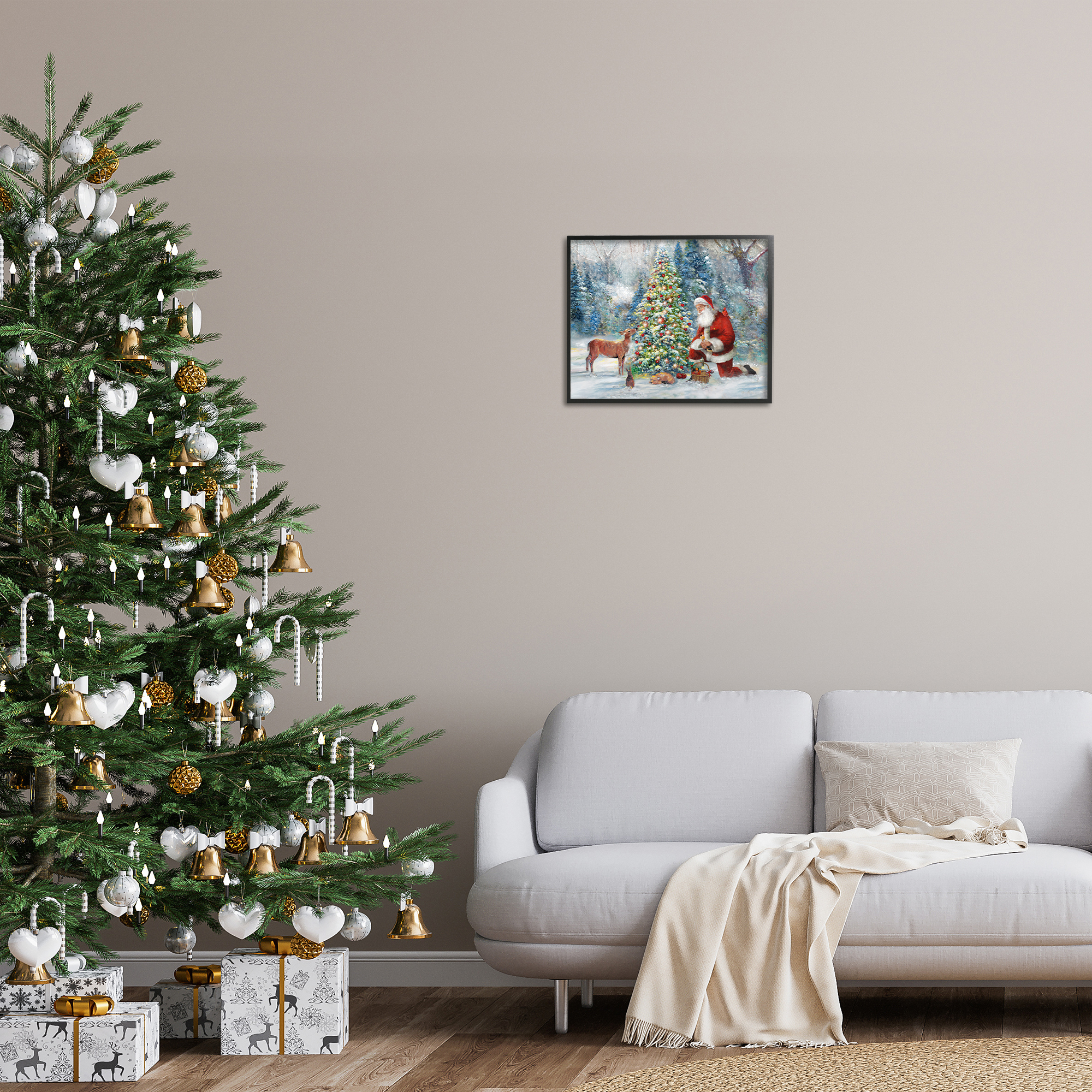 Stupell Industries Santa & Baby Deer Holiday Painting Black Framed Art Prints Wall Art, 20 x 16