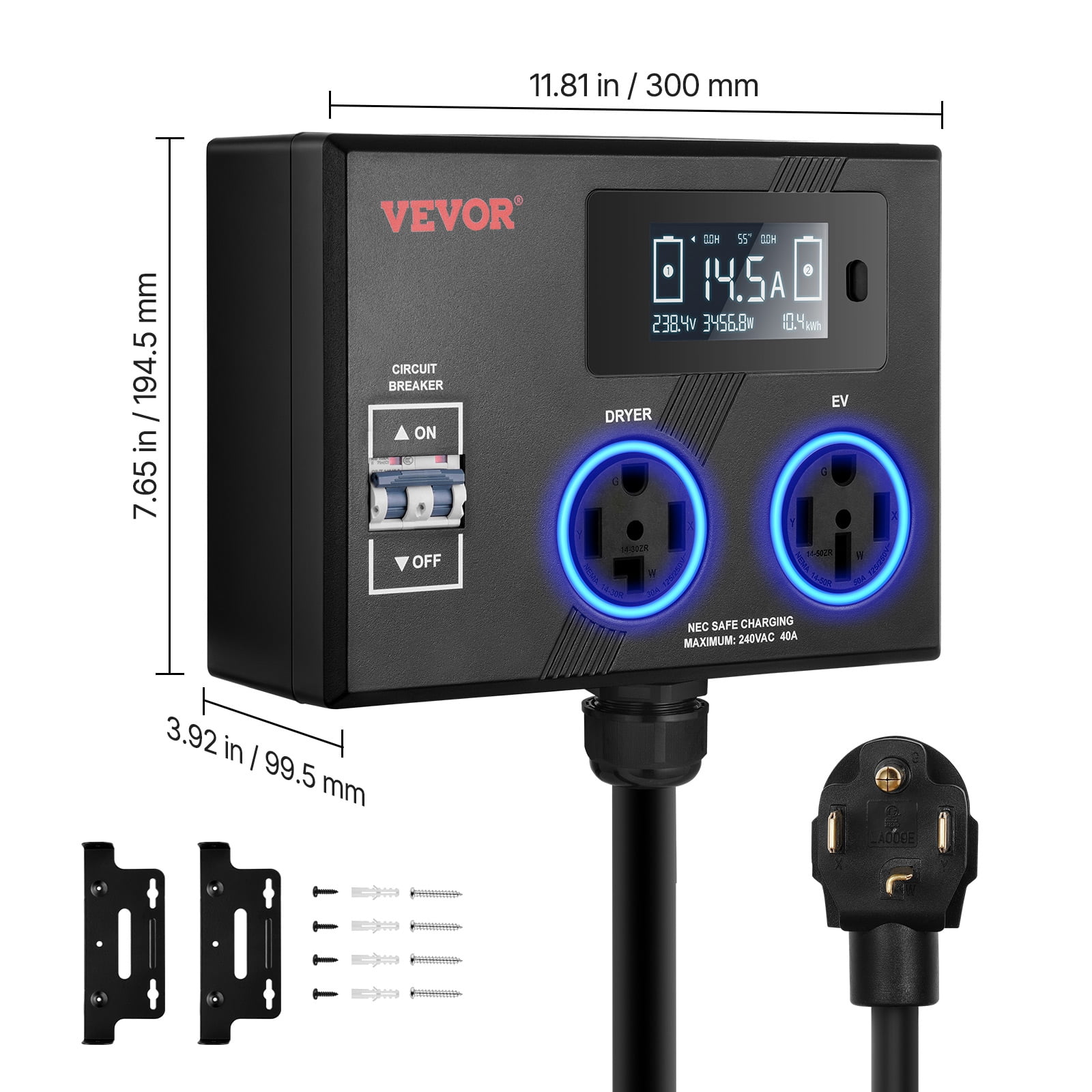 VEVOR NEMA Splitter for Dryer and EV, 3-Color LED Indicator, 240V Smart Power Distribution, With NEMA 14-30 Plug, NEMA 14-30 & NEMA 14-50 Outlets, Large 3.4-Inch LCD Screen, for Max 24A Dryer or EV
