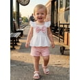 thumbnail image 6 of Loicainy Toddler Baby Girl Summer Clothes 6 12 18 24 Months 2T 3T 4T Casual Decorative Bow Smocked Flying Sleeve Tops and Flower Shorts 2 Pcs Outfits Set, 6 of 8