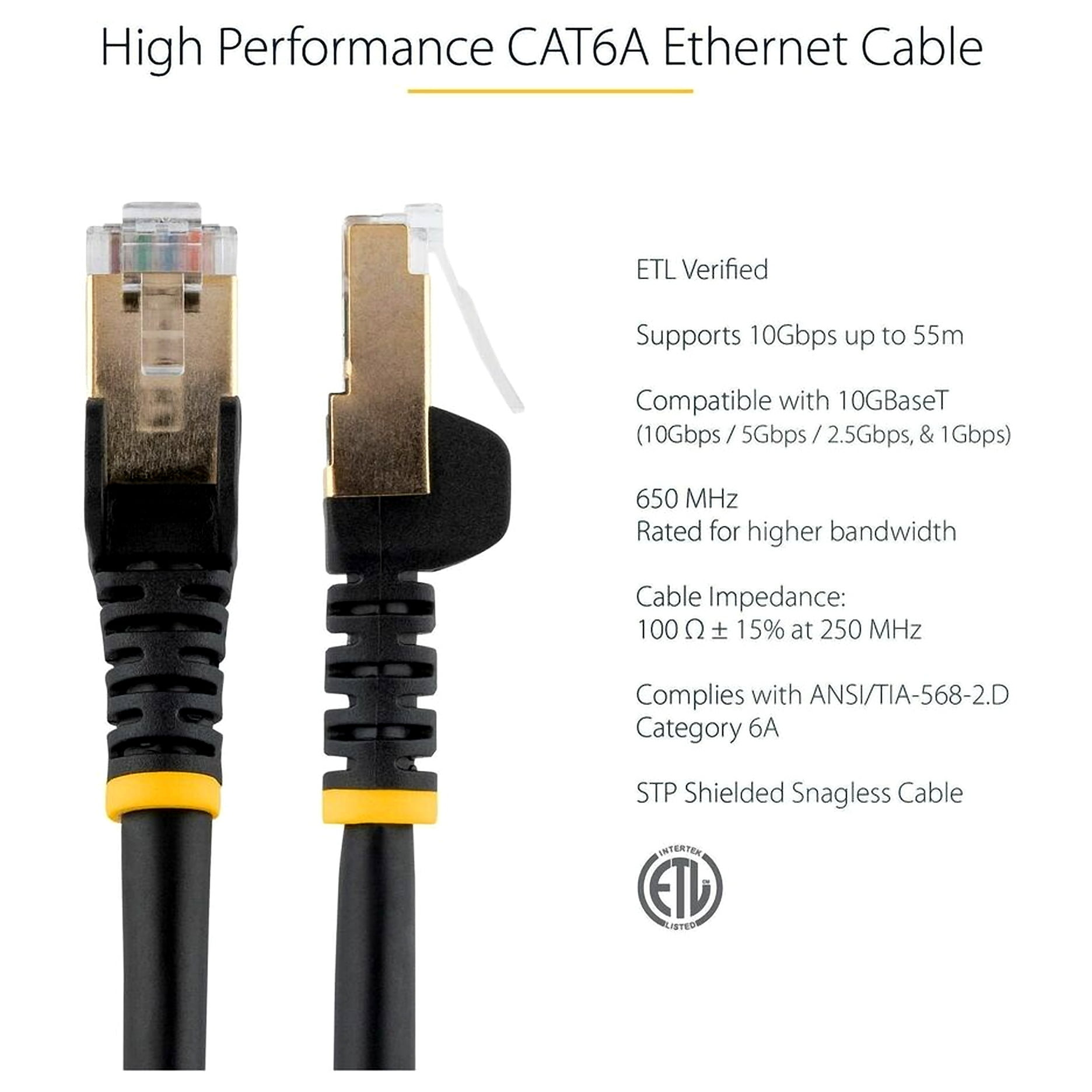 StarTech 7ft CAT6a Ethernet Cable - 10 Gigabit Shielded Snagless RJ45 100W PoE Patch Cord - 10GbE STP Network Cable with Strain Relief - Black - UL, TIA (C6ASPAT7BK)
