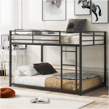 JERFIT Full over Full Metal Bunk Bed with Ladder, Low Profile Space Saving Design, Sturdy Steel Frame, Black Bunkbed