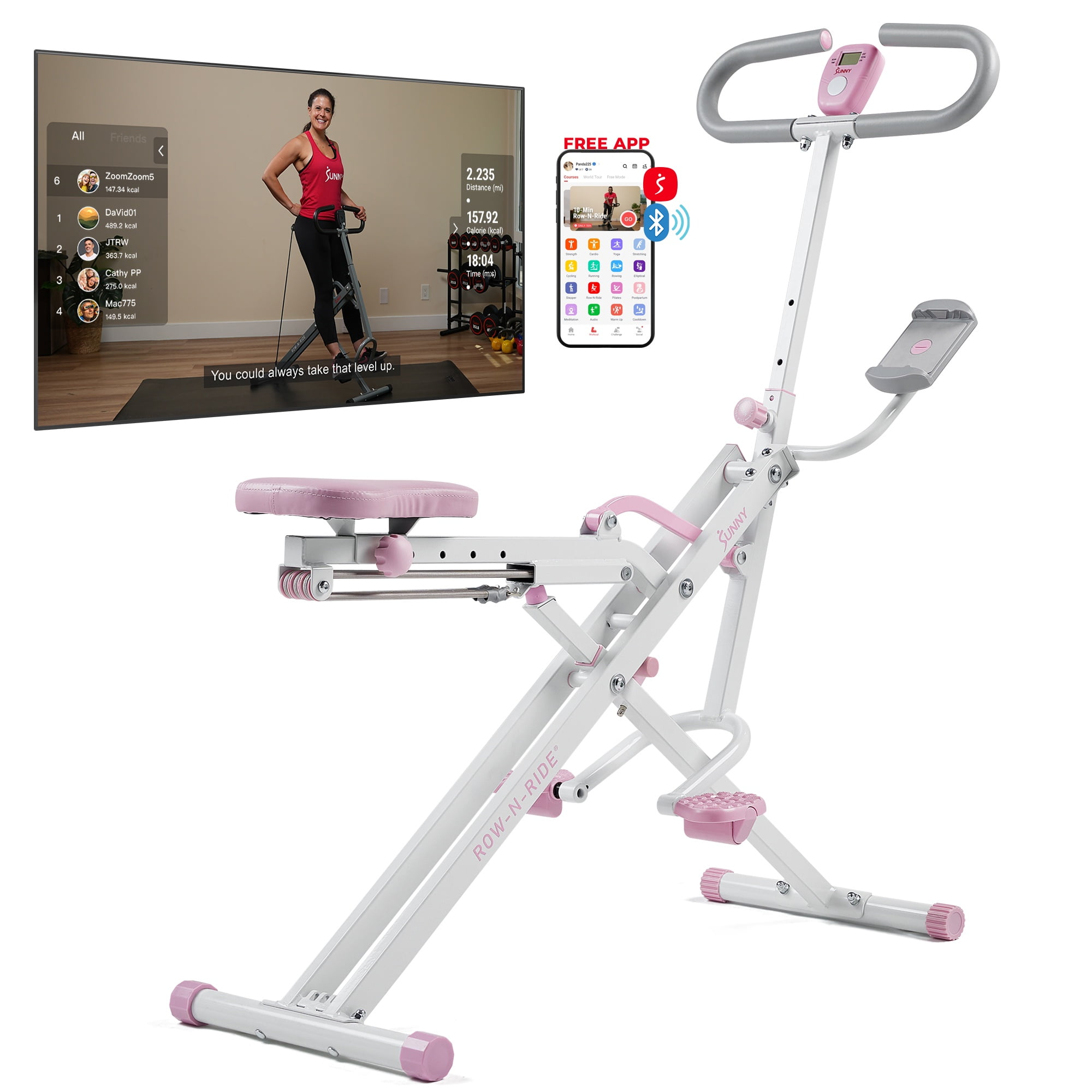 Sunny Health & Fitness Pink Row-N-Ride Plus, Squat Assist Rower for Glutes and Full Body Workout, 330 LB Capacity and Free Access to SunnyFit App - P2100SMART