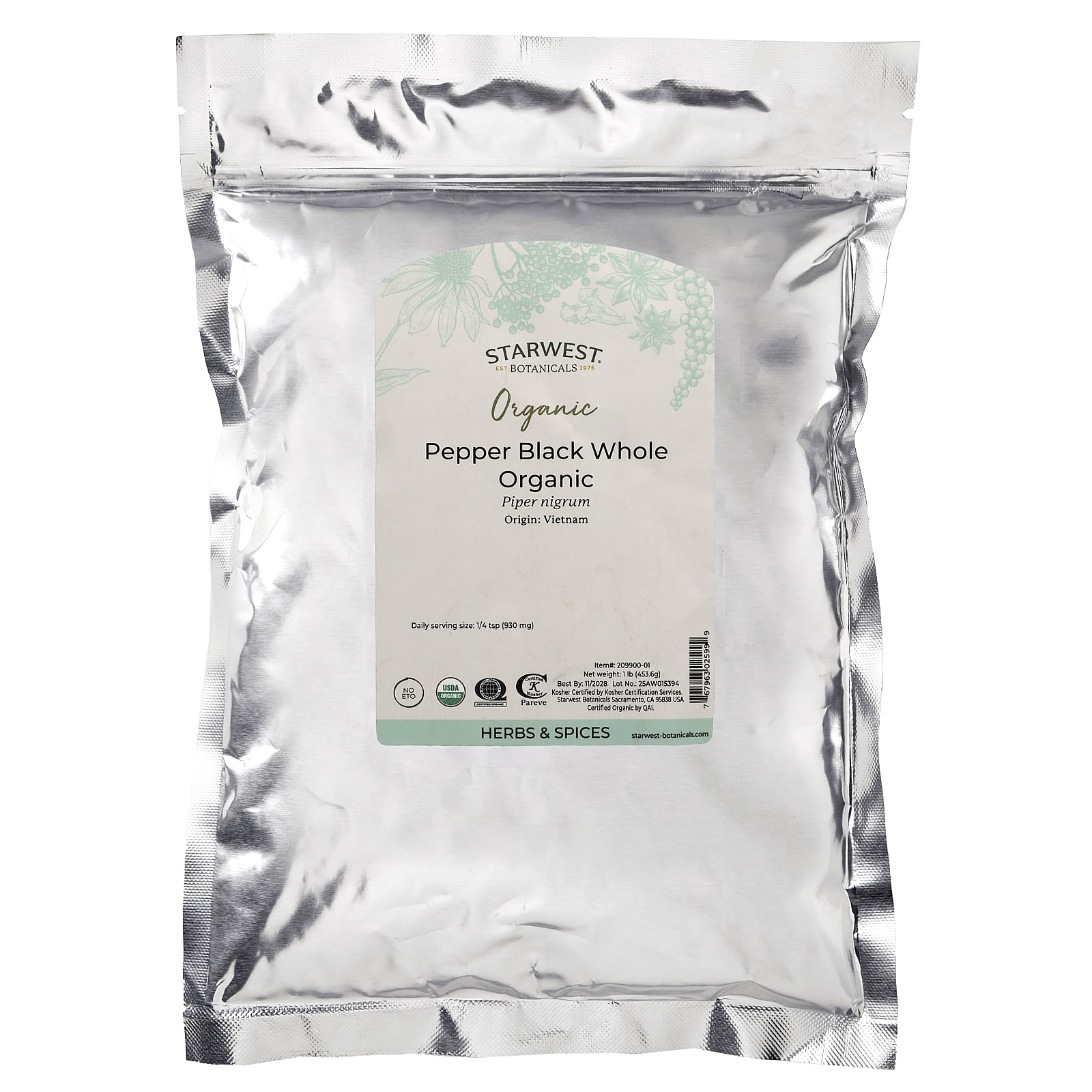 Starwest botanicals Organic Pepper Black Whole, 1 lb
