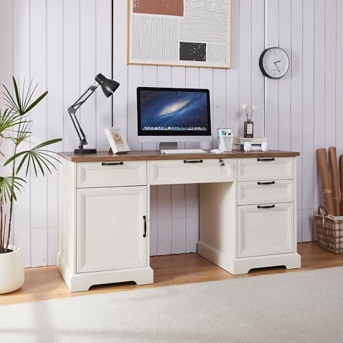 60" Farmhouse Executive Desk with Lock,Home Office Desk with Charging Station,Executive Desk with 4 Drawers & 1 Cabinet&1 File Cabinet for Office and Home$$Home Decor, Kitchen, & Other