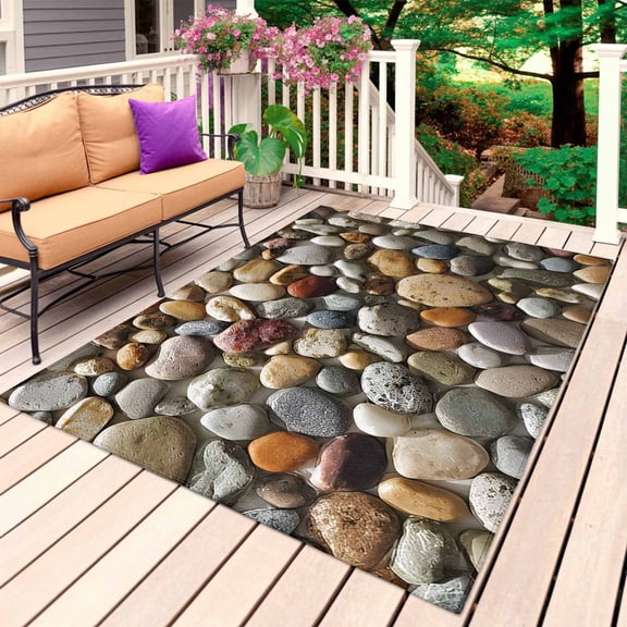 Colorful Stones Outdoor Rug 5x8 Ft, Non Slip Washable Area Rug, Farmhouse Stones Modern Art Patio Rugs Carpet Runner, Large Floor Mat for Indoor/Outdoor Deck Porch Camping