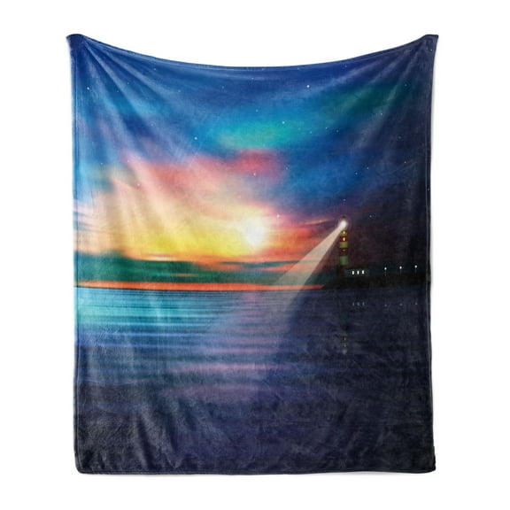 Lighthouse Soft Flannel Fleece Throw Blanket, Majestic Dreamy Sky and Ocean Stars Rising Sun Beacon Bay Beach, Cozy Plush for Indoor and Outdoor Use, 60" x 80", Pale Blue Dark Blue, by Ambesonne