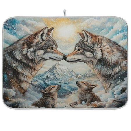 

WOBOGO Two Wolf Kings Kitchen Drying Mat Heat Resistant Drainage with Non-Slip Rubber Backing Hides Stains Super Absorbent Easy to Clean 18×24in
