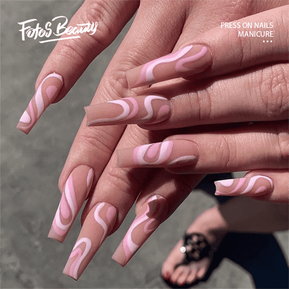Fofosbeauty 24pcs Press on False Nail Tips Long Coffin Full Cover Fake Nails, Coffin Matte Pink Nude Wave
