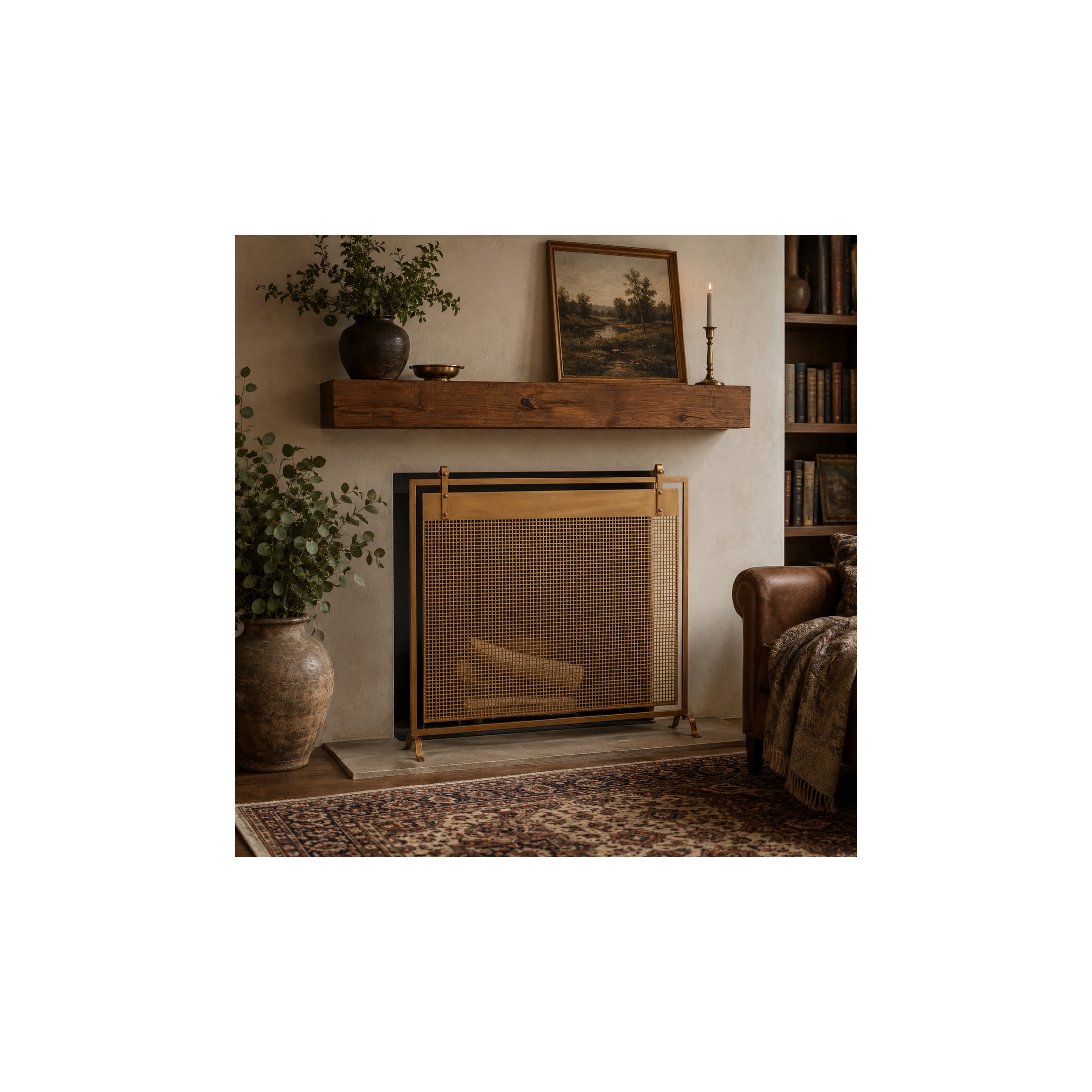 DecMode 38" x 36" Gold Metal Suspended Grid Style Netting Single Panel Fireplace Screen with Bolted Details, 1-Piece