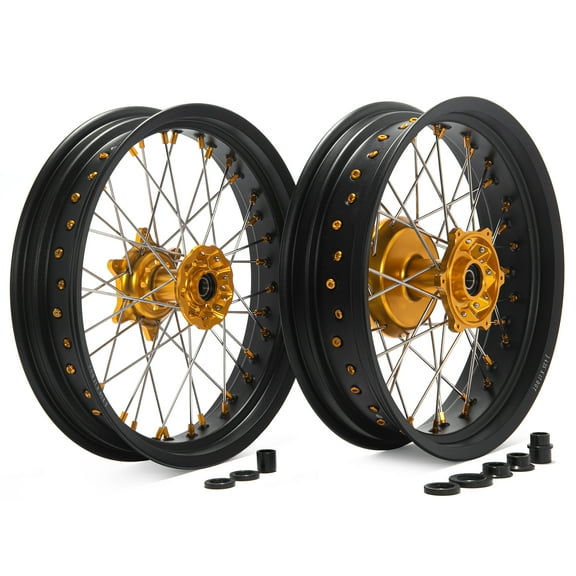 17 Supermoto Wheels Set Cush Drive For Suzuki DRZ400 2000-2004 DRZ400S 2000-2024 DRZ400E 2000-2007 DRZ400SM 2005-2024 2006 2007 2008 2009 2010 2011 2012 2013 2014 2015 2016 2017 Gold Hub Black Rim