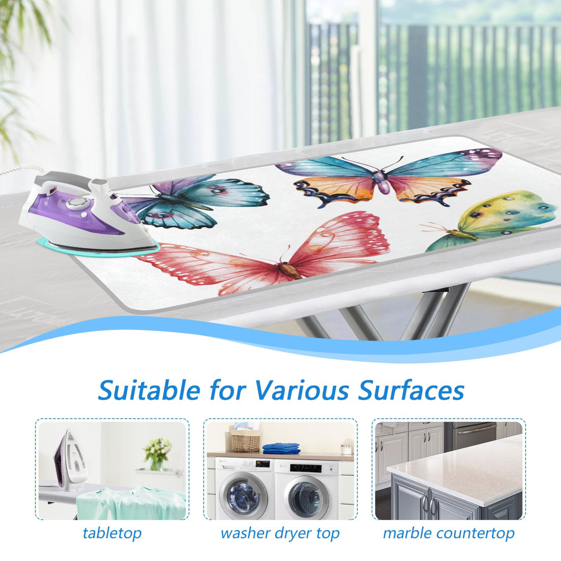 Butterflies Colorful Watercolor Ironing Mat Blanket Portable Travel Ironing Pad Heat Resistant Pad 47.2" x 27.6”