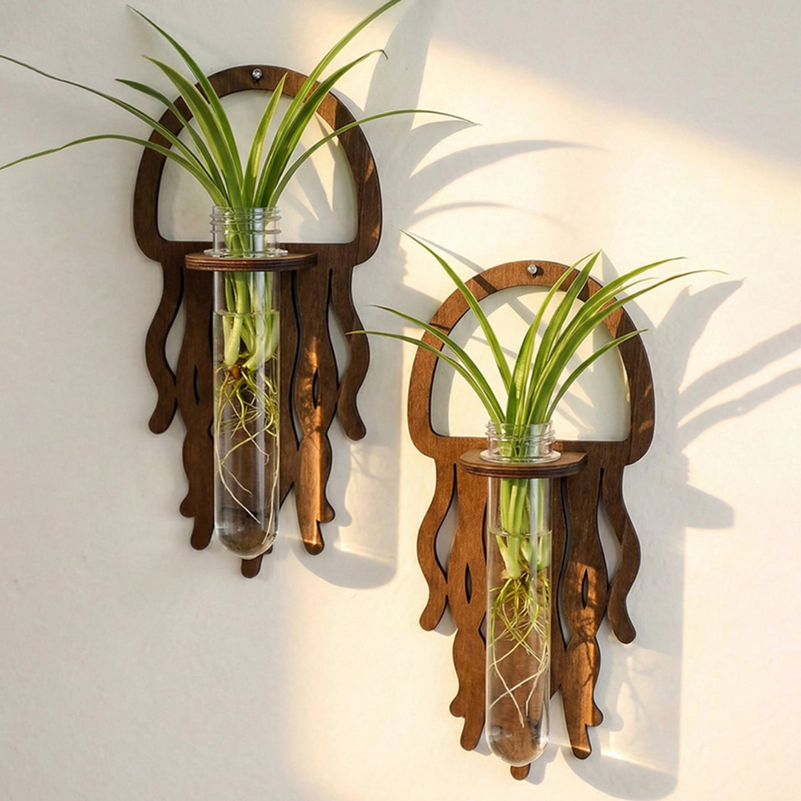 Wooden Jellyfish Shaped Wall Hanging Planter Propagation Station Glass Flower Vase for Hydroponics Plants, Bathroom, Home Office Living Room Decor Gift