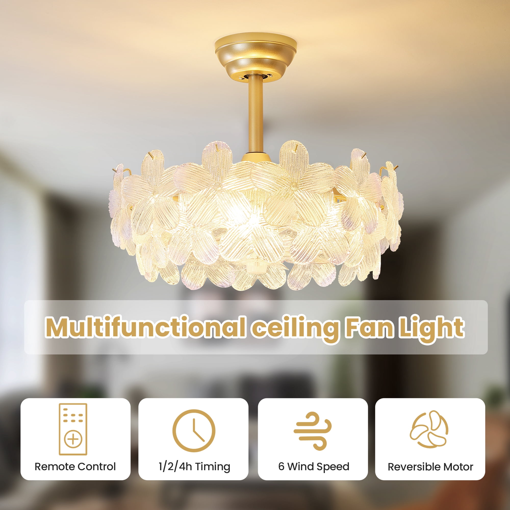 KAISITE 20" Modern Chandelier Ceiling Fan with Remote Control, Floral Glass Kids Ceiling Fan with Lights for Bedroom  Nursery  Living Room, Gold