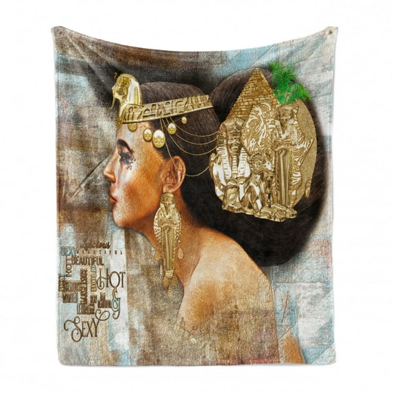 Egyptian Print Soft Flannel Fleece Throw Blanket, Woman Queen Cleopatra Profile Historical Art Scene with Pyramid Sphinx, Cozy Plush for Indoor and Outdoor Use, 70" x 90", Multicolor, by Ambesonne