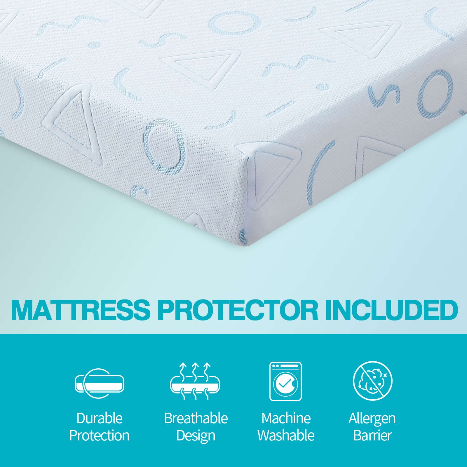 6" TwinXL Mattress, Removable and Washable Cover, Cooling Memory Foam with Geometric Pattern, Medium Touch, Bed in a Box, CertiPUR-US Certified, White/Blue