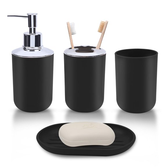 MODANU Premium Plastic Bathroom Accessory Set of 4, Bathroom Accessories Set Complete (Black)