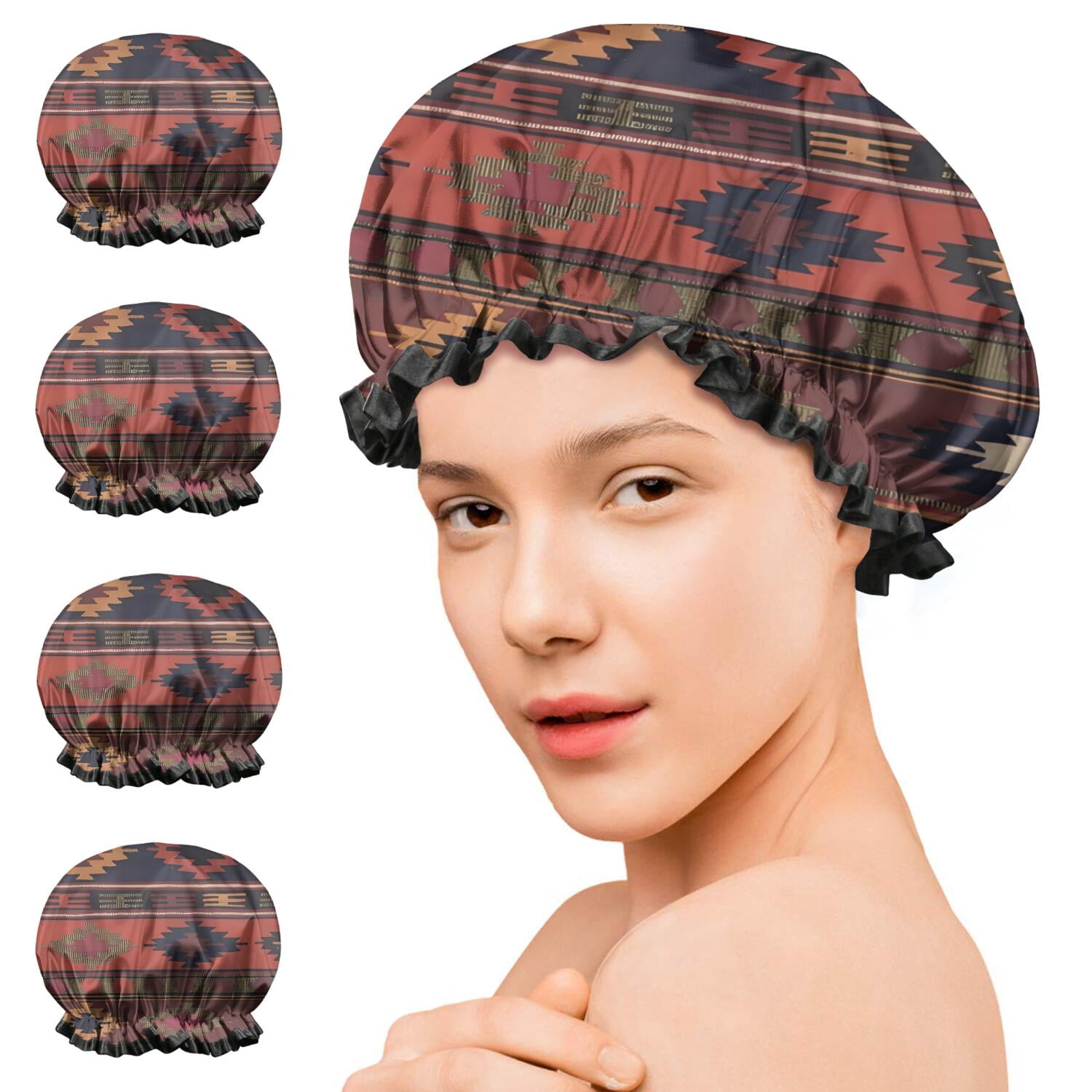 Shower Caps,Boho Multicolor Ethnic Pattern with Geometric Shapes Waterproof Shower Cap for Women 4 Pieces,Double Reusable Hair Cover for Shower PEVA Elastic Stretch Hem