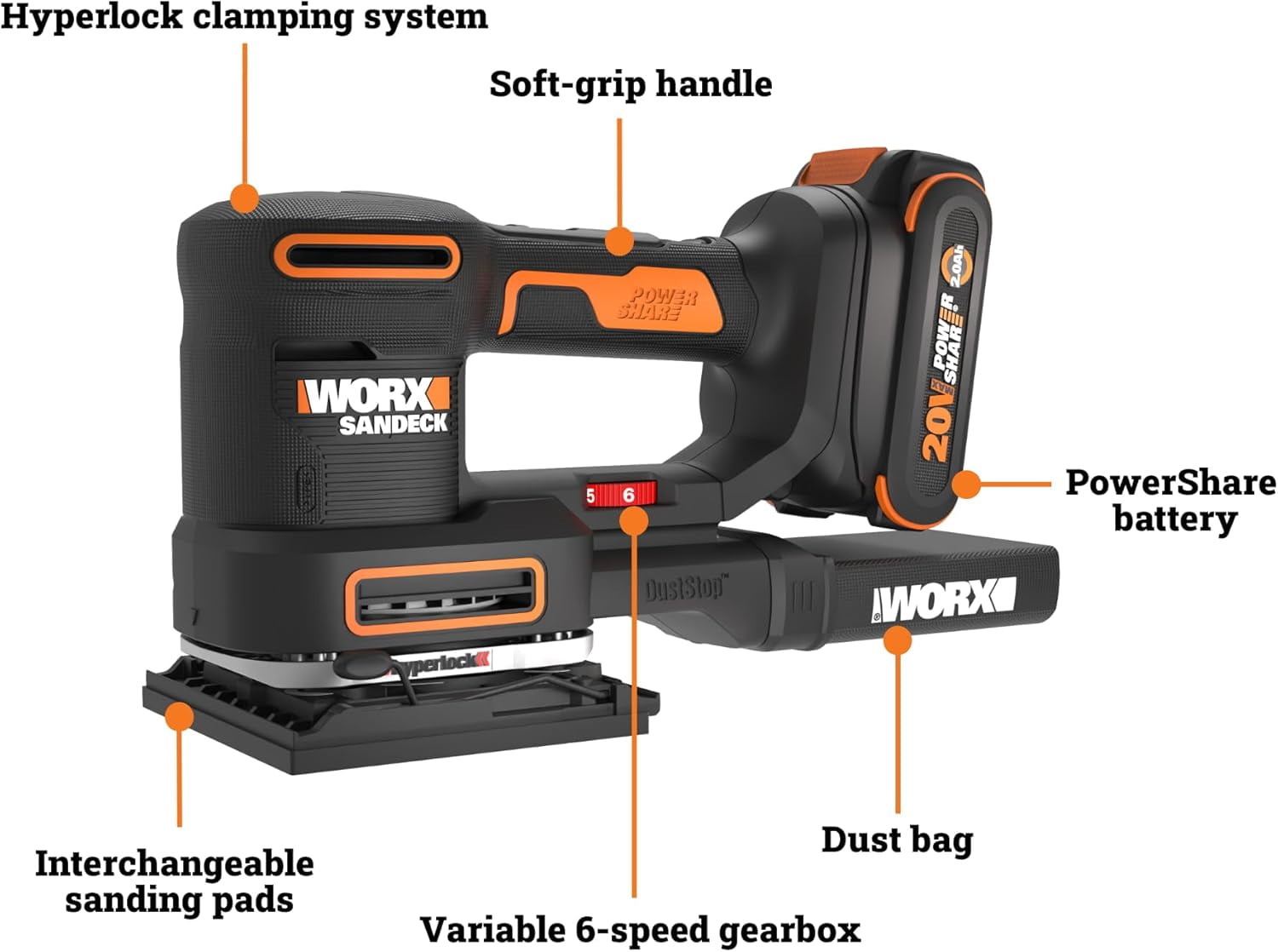 Worx 20V Cordless Multi-Sander, 5-in-1, Sanding Attachments