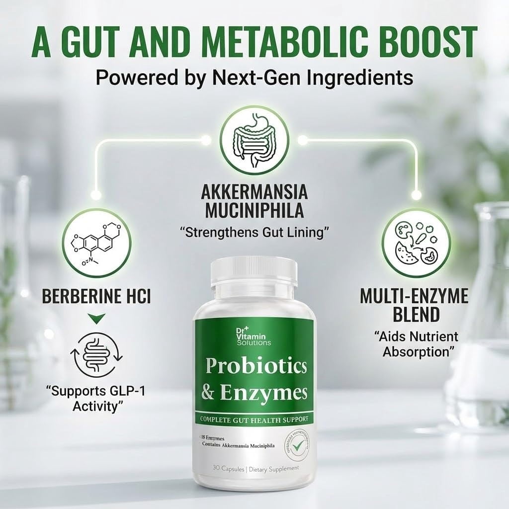 DR Vitamin Solutions GLP-1 Support Digestive Enzymes & Probiotic Supplement Capsules with Akkermansia, 30 Count