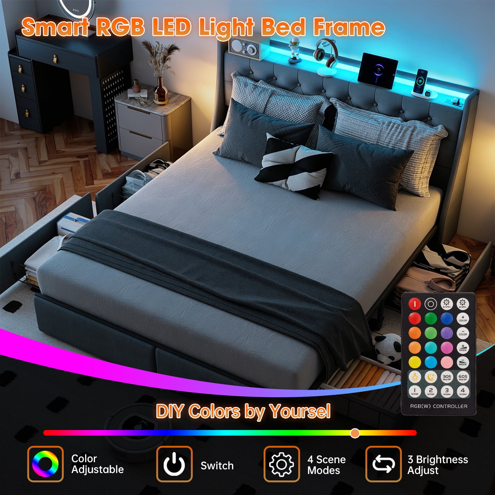 Mintazer Full Size Tufted Upholstered Storage Bed Frame with LED Light & Charging Station, Platform Bed Frame with 4 Drawers, No Box Spring Required, Grey
