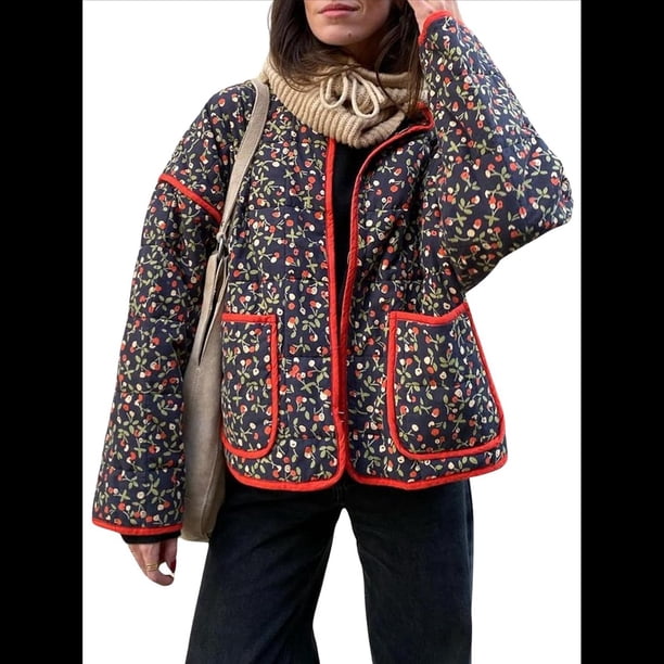 Chaqueta Acolchada Corta con Estampado Floral Vintage para Mujer, Chaqueta Corta Abierta Al Frente, Ropa de Abrigo Floral Pequeño Negro S