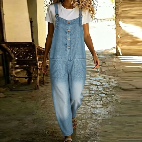 Cutuoiiu Jumpsuit for Women Solid Color Faux Denim Print Loose Wide Leg Full Length Casual Overalls with Side Pockets Relaxed Fit Plus Size Beach Jumpsuit for Everyday Casual Activities