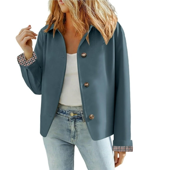 GrmtClth Womens Cropped Trench Coat Fashion Oversized Button Up Barn Jackets Plaid Lining Lapel Collar Autumn Outerwear Coats Blue XL
