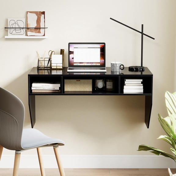 Wall-Mounted Computer Desk, Floating Laptop Desk, 3 Storage Compartments, Black