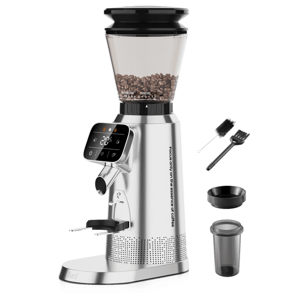 Tuni G2 Conical Burr Coffee Grinder, 70 Grind Settings Anti-static Burr Mill, Precision Electronic Timer and LED Touchscreen for Espresso/Drip/Cold Brew/French Press, Stainless Steel, Silver