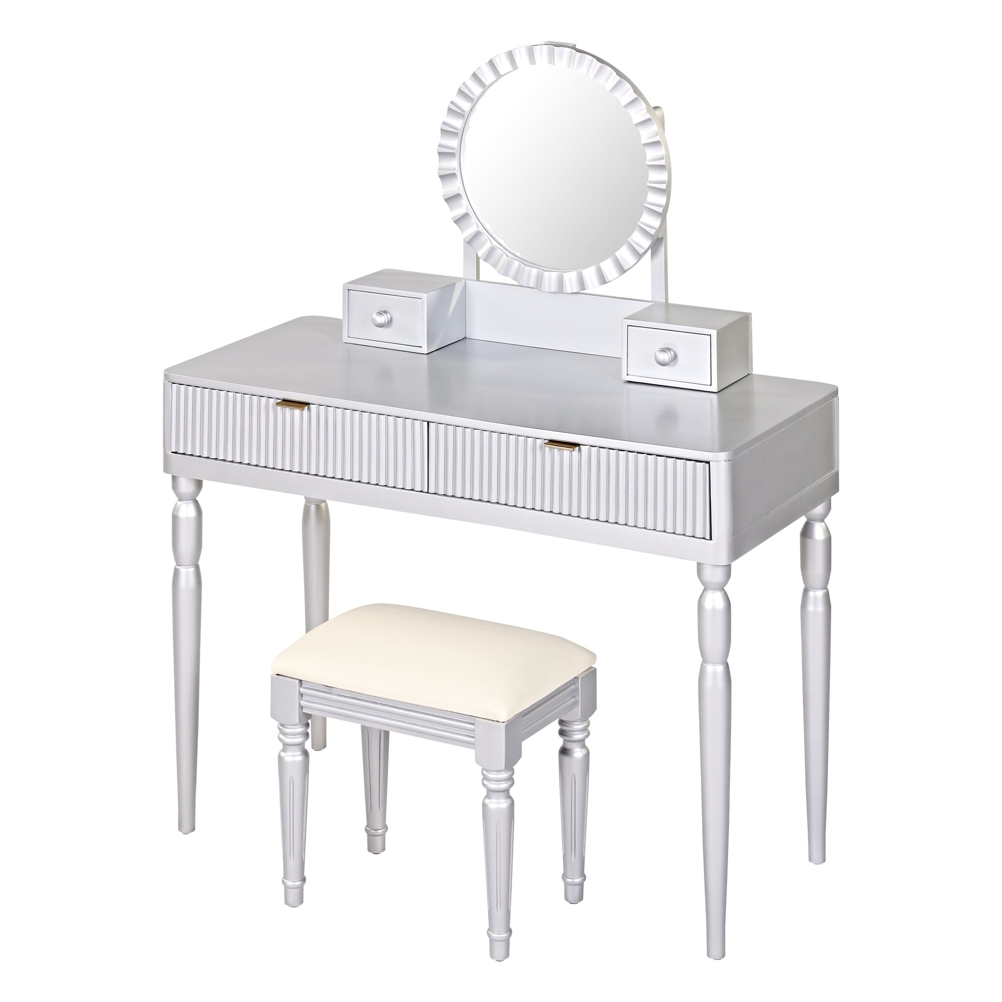 Yoneston Modern Vanity Set with Round Mirror, Makeup Table with 4 Drawers & Cushioned Stool Included and Height Adjustable, Silver