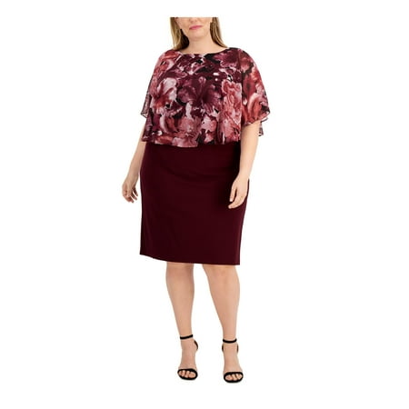 

CONNECTED APPAREL Womens Burgundy Stretch Zippered Floral Chiffon Popover Sleeveless Round Neck Knee Length Wear To Work Shift Dress Plus 20W