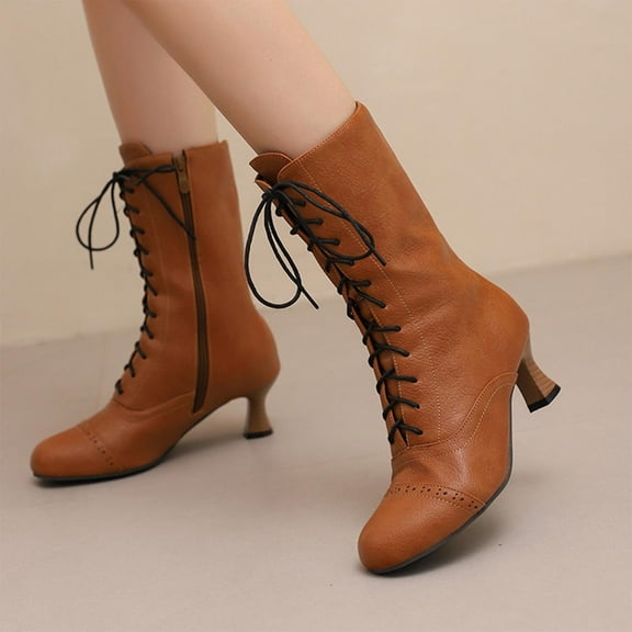 PiGOGI Women's Mid Calf Boots, Vintage Style Lace Up Boots for Women, Round Toe Heeled Winter Boots Yellow 43