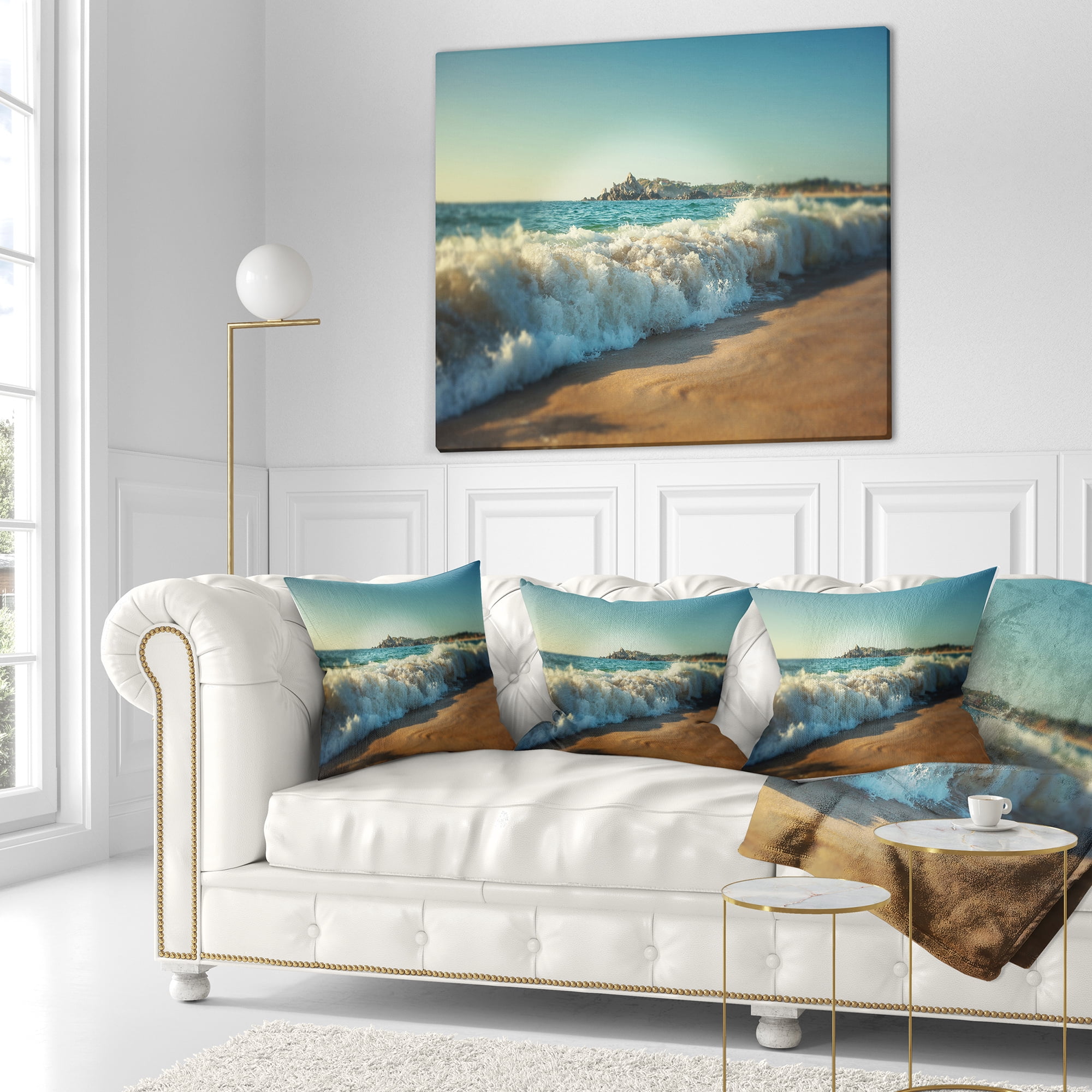 Designart Stormy Waves Hitting Beach Sand - Modern Beach Throw Pillow - 18x18