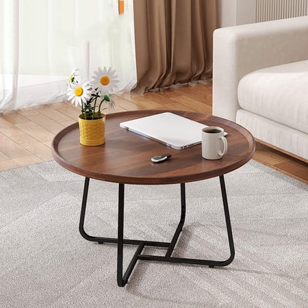 20 inches Walnut Round Coffee Table - Wooden Top Sturdy Metal Legs Fluted End Table for Rooms