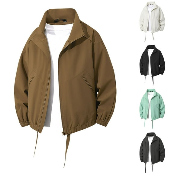 Puntoco Men's Casual Stand Collar Baseball Jacket Solid Color Trendy Long Sleeve Zipper Windbreak Pocket Outwear White-A XL(XL)