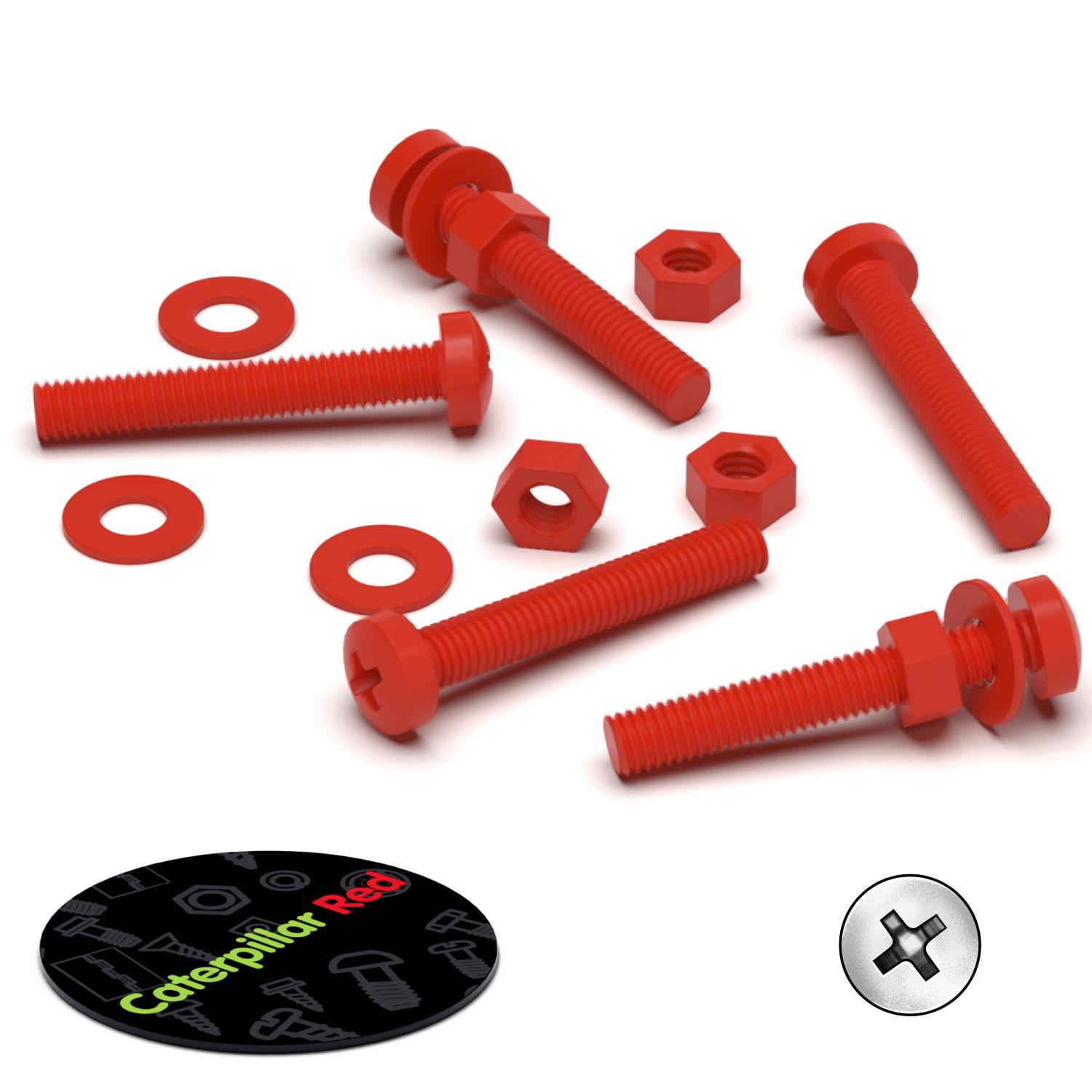 20 x Red Pan Head Screws Polypropylene (PP) Plastic Nuts and Bolts, M3 x 20mm, Washers, (3/32 x 25/32 in)