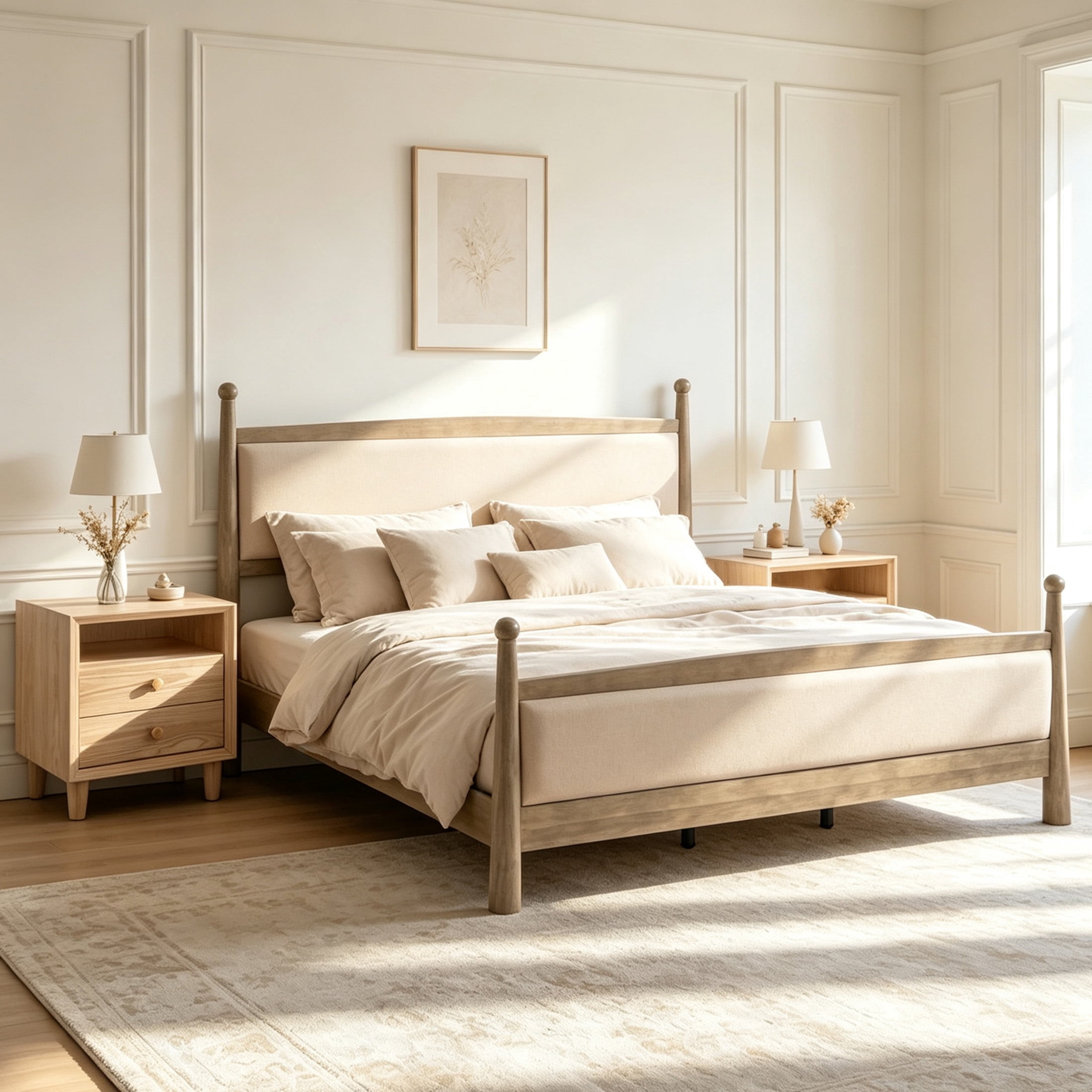 Christopher Knight Home King Bedroom Furniture Set with Upholstered Bed and 2 Nightstands, Natural