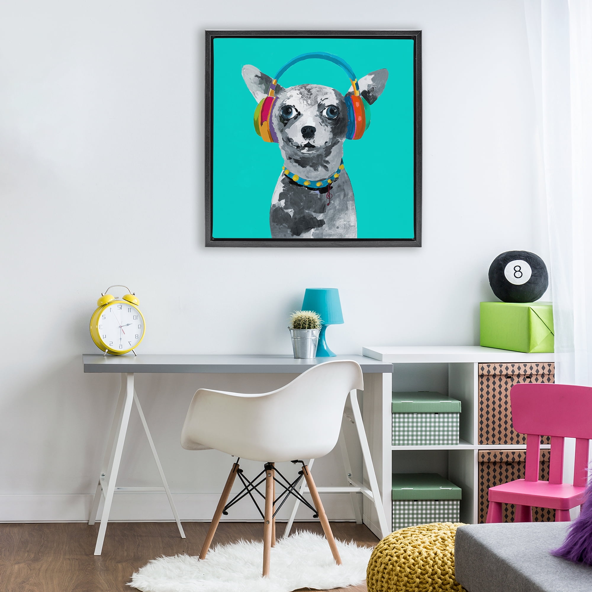 Stupell Industries Jammin' Pup on Blue Black Framed Floater Canvas Wall Art, design by Lorenzo Collective