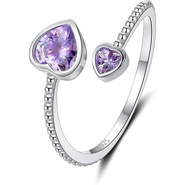 Anillo para niñas Anillos de plata de ley 925 con piedras natales para mujeres Anillo ajustable con piedras de corazón abierto Anillo del mes de constelación Joyería de regalo de cumpleaños y San