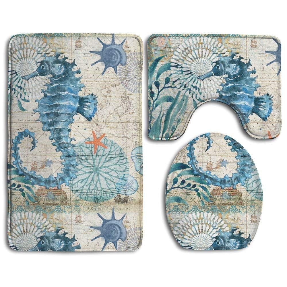 PUDMAD Old Ocean Sea Horse 3 Piece Bathroom Rugs Set Bath Rug Contour