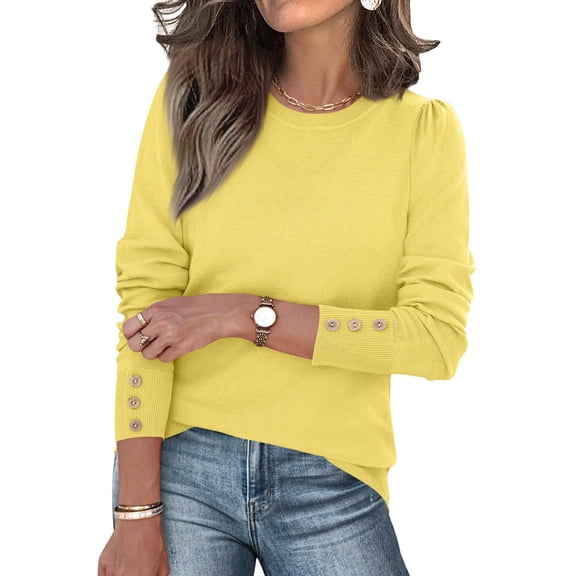 Fshiont Womens Sweaters Fall Fashion 2025 Long Sleeve Button Cuff Soft Knit Pullover Trendy Tops Dressy Casual Blouses Yellow XL