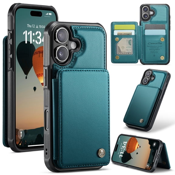 For iPhone 17 Case with Card Holder, Wallet Flip Cover Case with RFID Blocking, Durable Leather Kickstand Magnetic Clasp Shockproof Phone Case for Women Men,Green