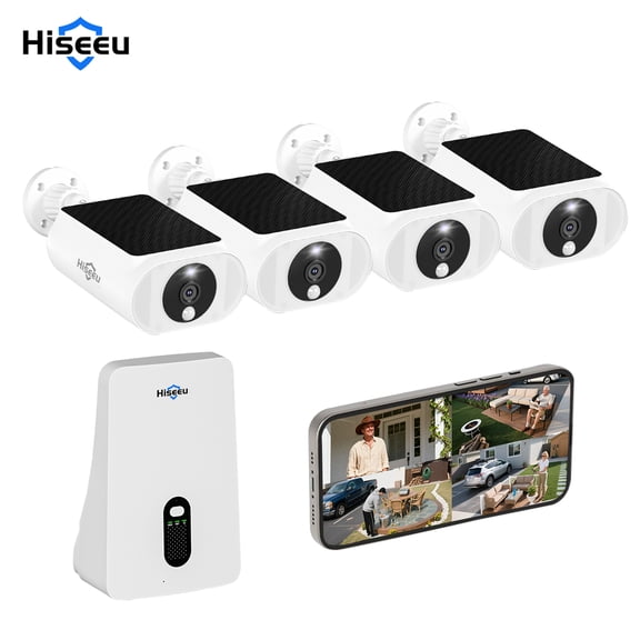 Hiseeu 2K/4MP Solar Security Camera with Base Station, Spotlight, Expandable 10 Channel, with 64G Free Storage Wireless Outdoor Camera, Waterproof PIR Detection, Home Surveillance System Camera