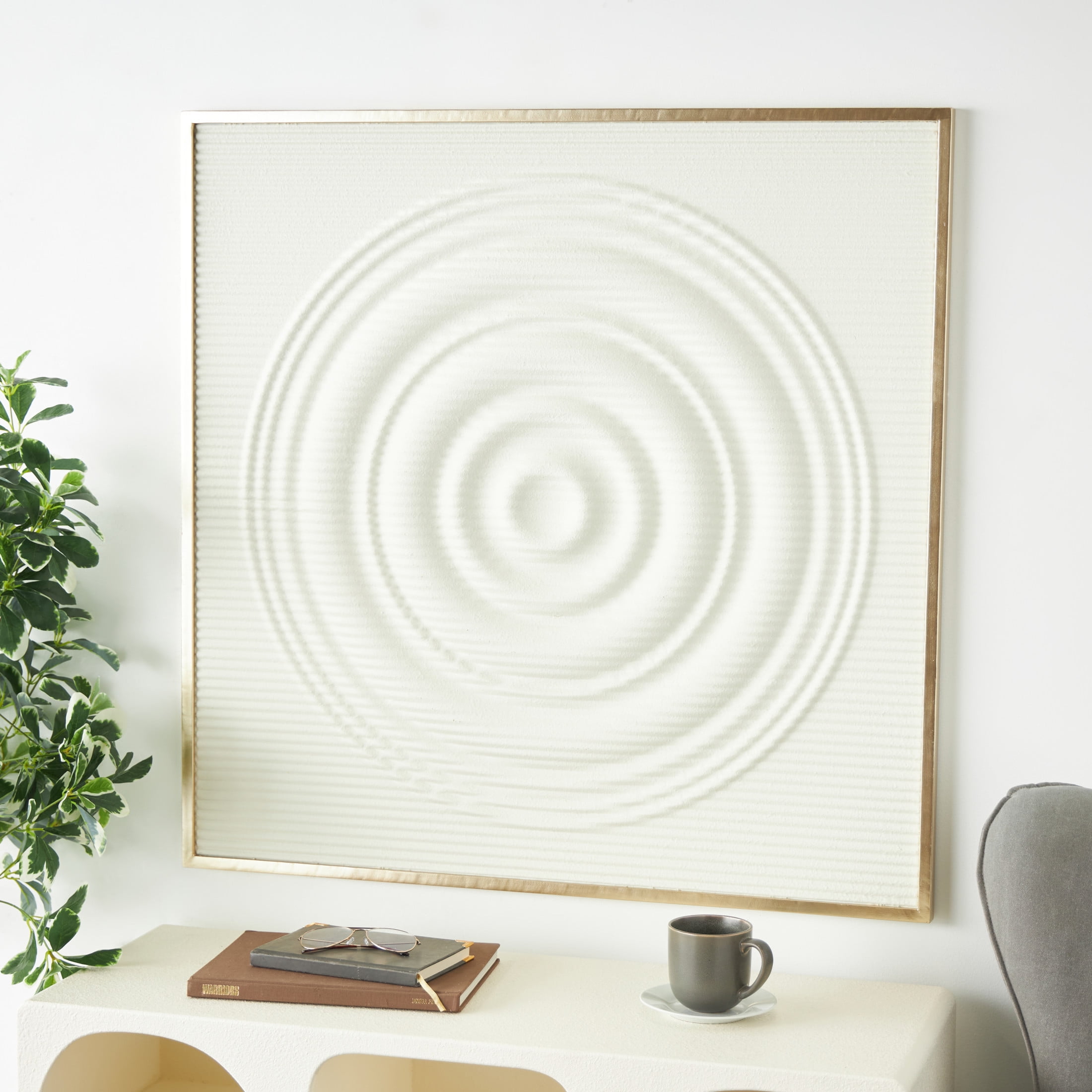 DecMode White Metal Ribbed Geometric Wall Decor with Brass Frame