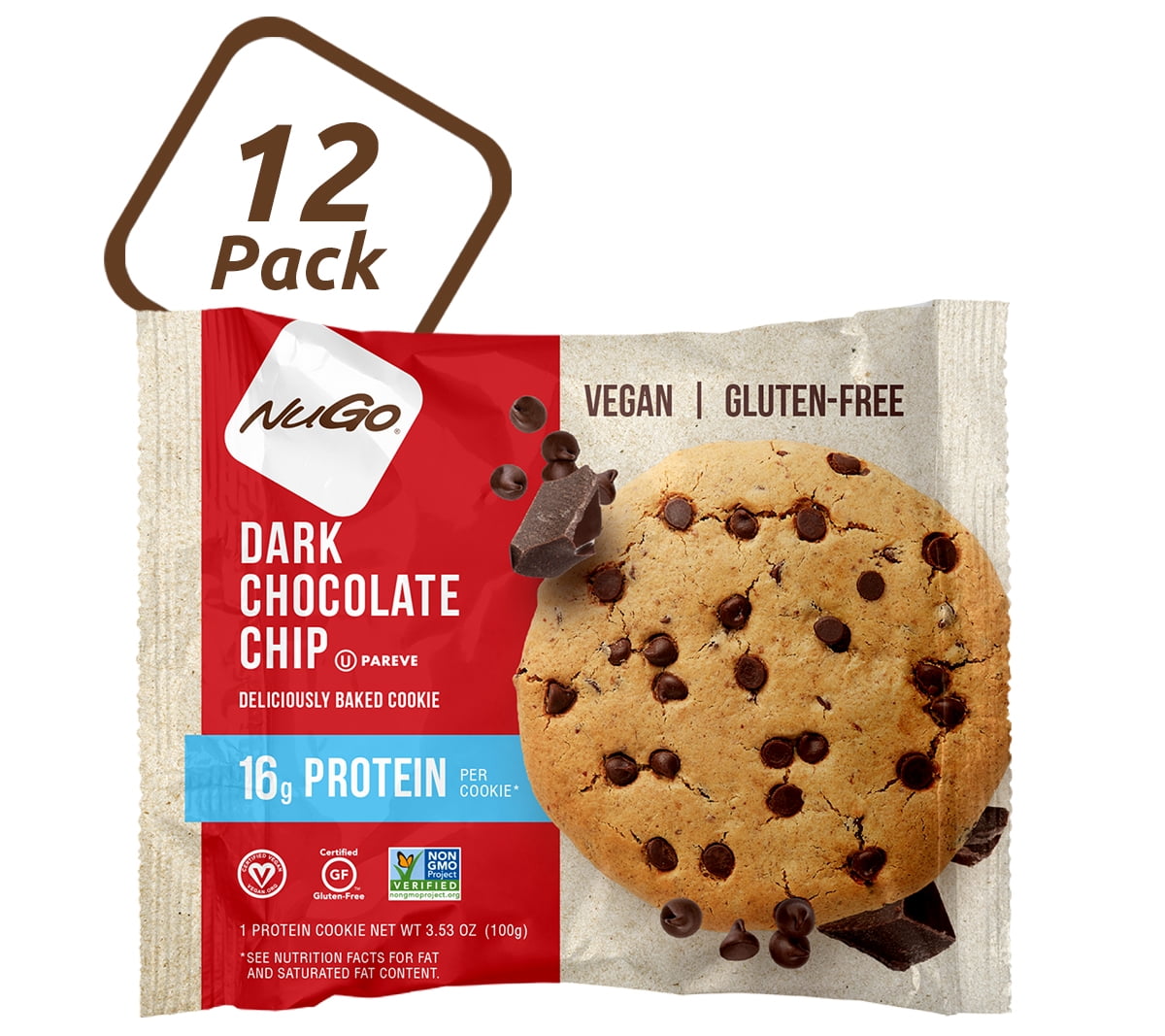 NuGo Protein Cookie, Dark Chocolate Chip, 16g Vegan Protein, Gluten Free, Soy Free, 12 Count