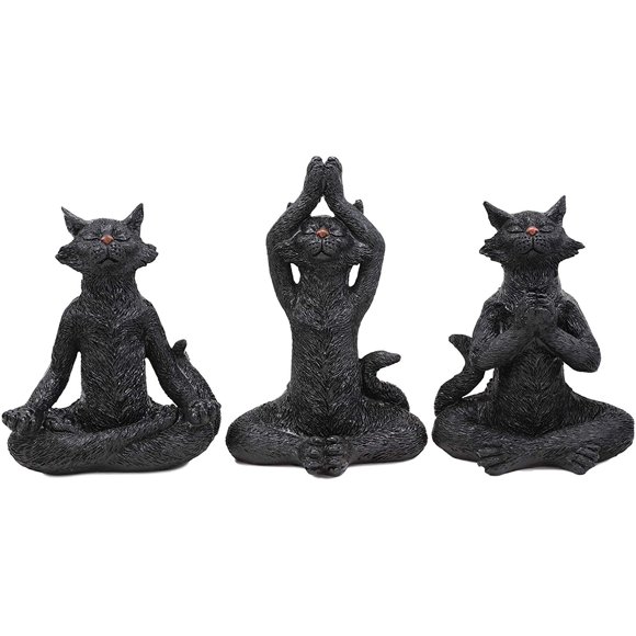 Ebros Larger 8.5"H See Hear Speak No Evil Zen Yoga Black Cats Figurine Set of 3