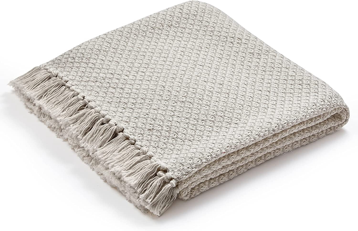 Americanflat 50x60 Throw Blanket, 100% Cotton with Fringe, Cream Beige Birds Eye, all seasons blanket
